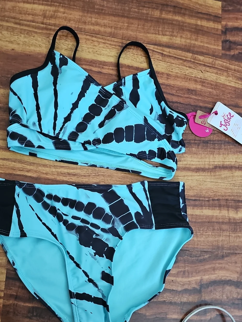 Justice Aqua and Black Tie-Dye 2PC Swim Set Size XL 16-18 NWT